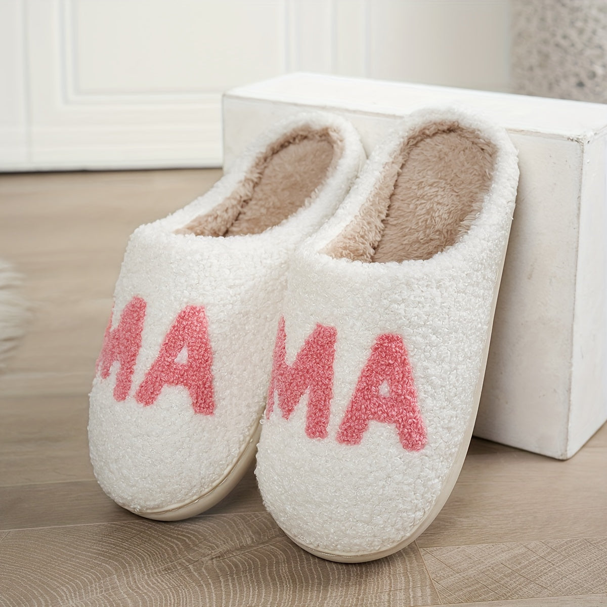 Women's Casual "MAMA" Fluffy Slippers - Comfy Faux Fur-Lined Indoor House Slip-on Shoes with Non-Slip TPR Sole, Flannel Insole, Seasonal Warmth, Easy Care, Cixi Origin - Cozy Winter Footwear Gift for Mom